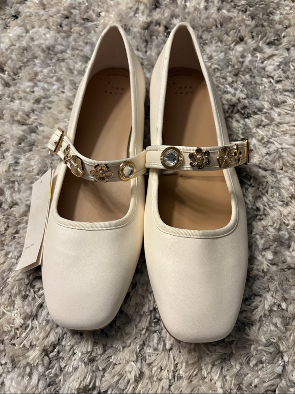 Cream Embellished Mary Jane Flats - Elegant Everyday Style